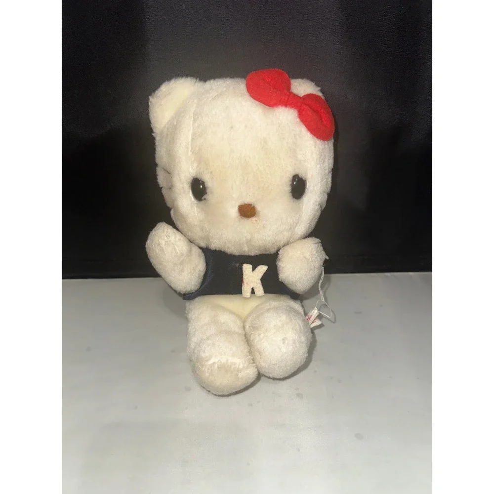 Vintage Sanrio Hello Kitty Plush Navy Blue Vest Letter K Red Bow 8.5 Inch Toy